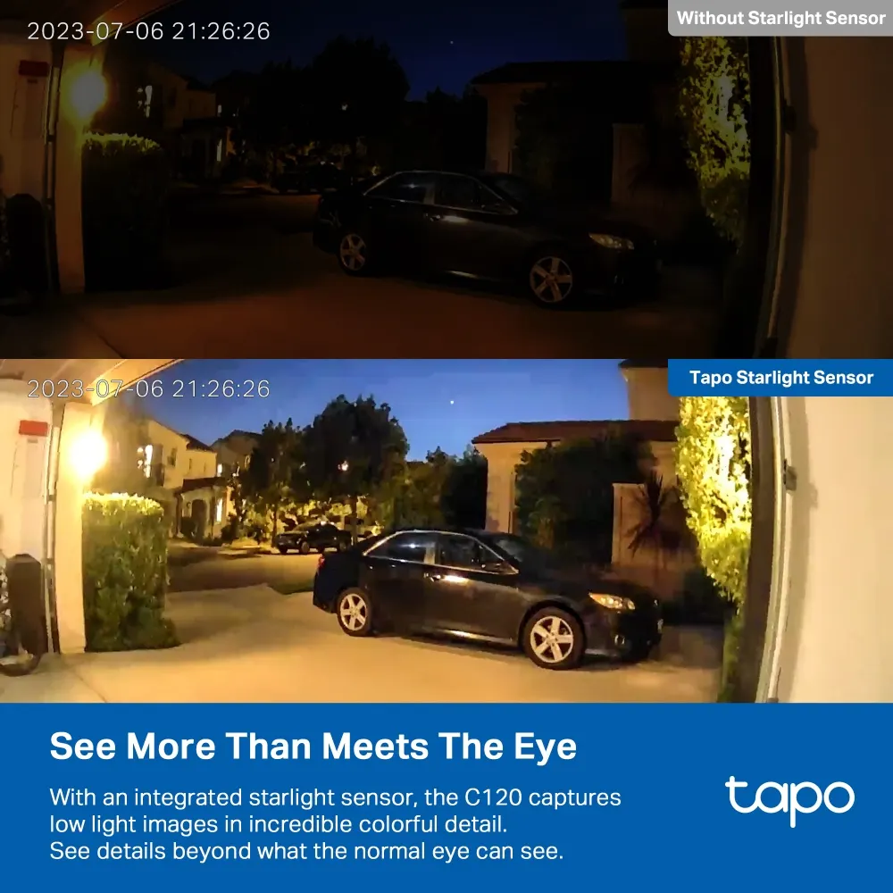 TP-Link Tapo C120 Wi-Fi Camera - 2560 × 1440 (2K), Wi-Fi, 120° Viewing Angle, MicroSD Card Slot (Up to 256 GB), Two-Way Audio, iOS, Android