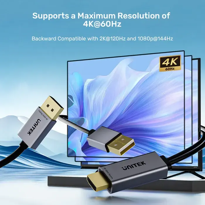 V1714A, UNITEK, Adapter, 1.8M, 4K 60Hz HDMI to DP Cable with USB Power Plug.