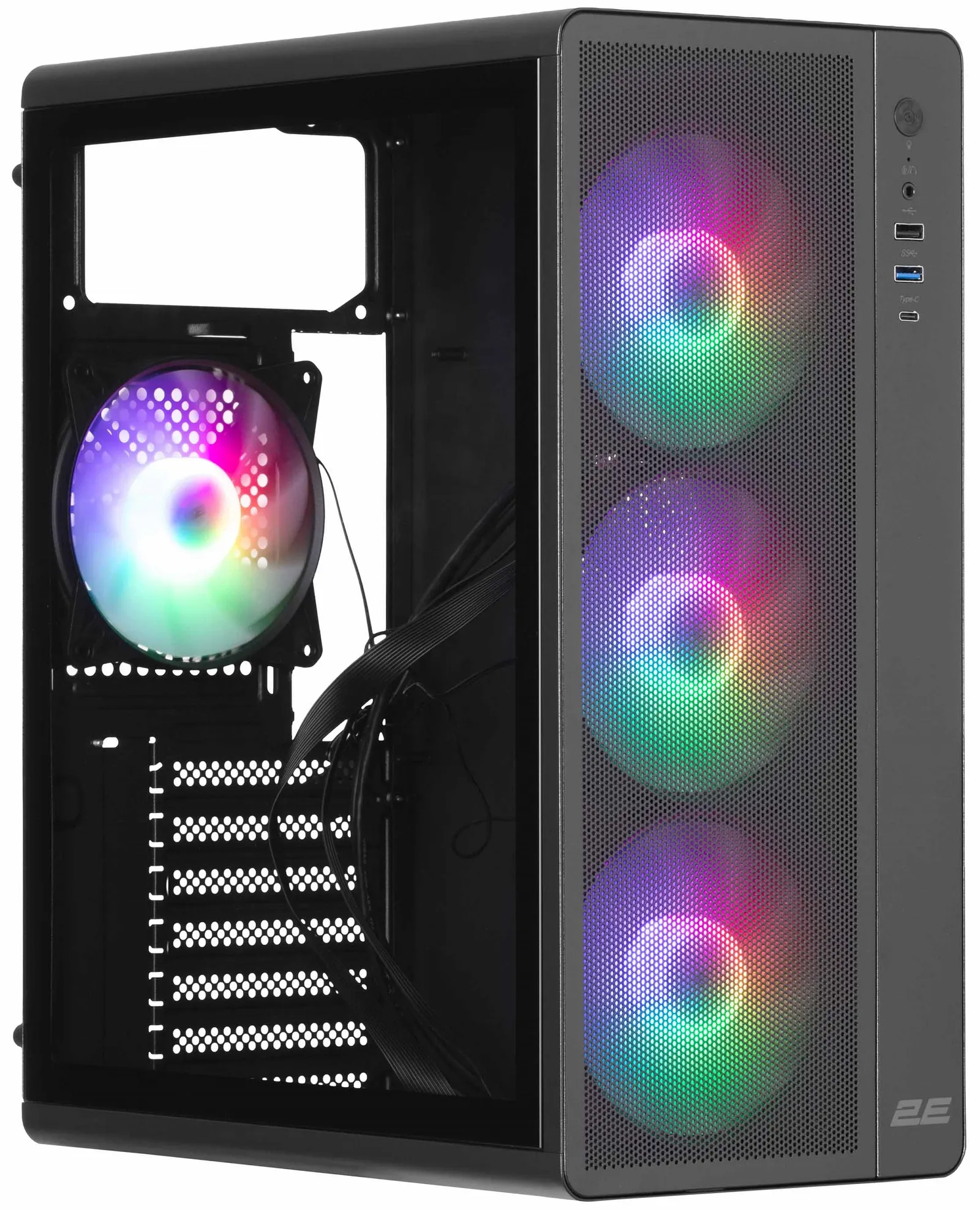 ქეისი PC case 2E GAMING Credo Plus V510B without PSU, 1xUSB3.0, 1x USB 2.0, 1xUSB Type-C, 4x120mm RGB Rainbow, VGA 310mm, TG Side Panel, ATX, black