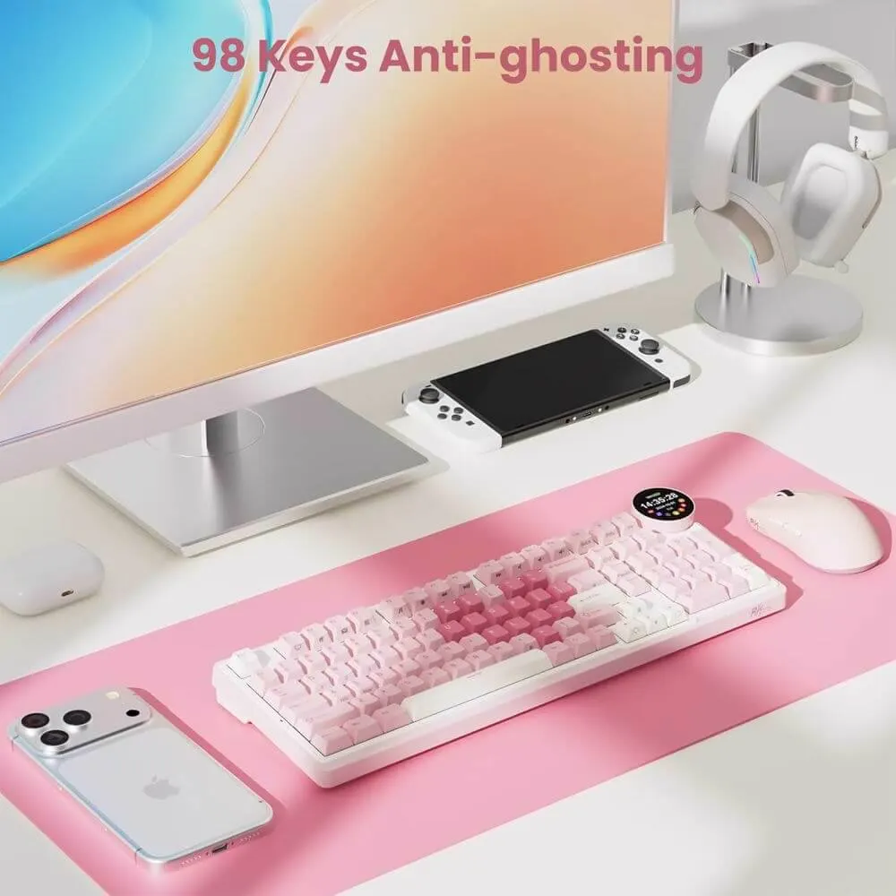 Royal Kludge RK N99-PM-XH RGB Mechanical Keyboard, Cream Switch, Hot Swappable, Wireless, Type-C, Bluetooth, 2.4GHz, Pink Melody