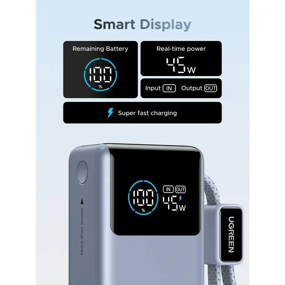 პორტატული დამტენი UGREEN PB727 (75701B) Nexode Pro, 10000mAh, Type-C, USB, Power Bank With Built-in Type-C Cable, Space Gray