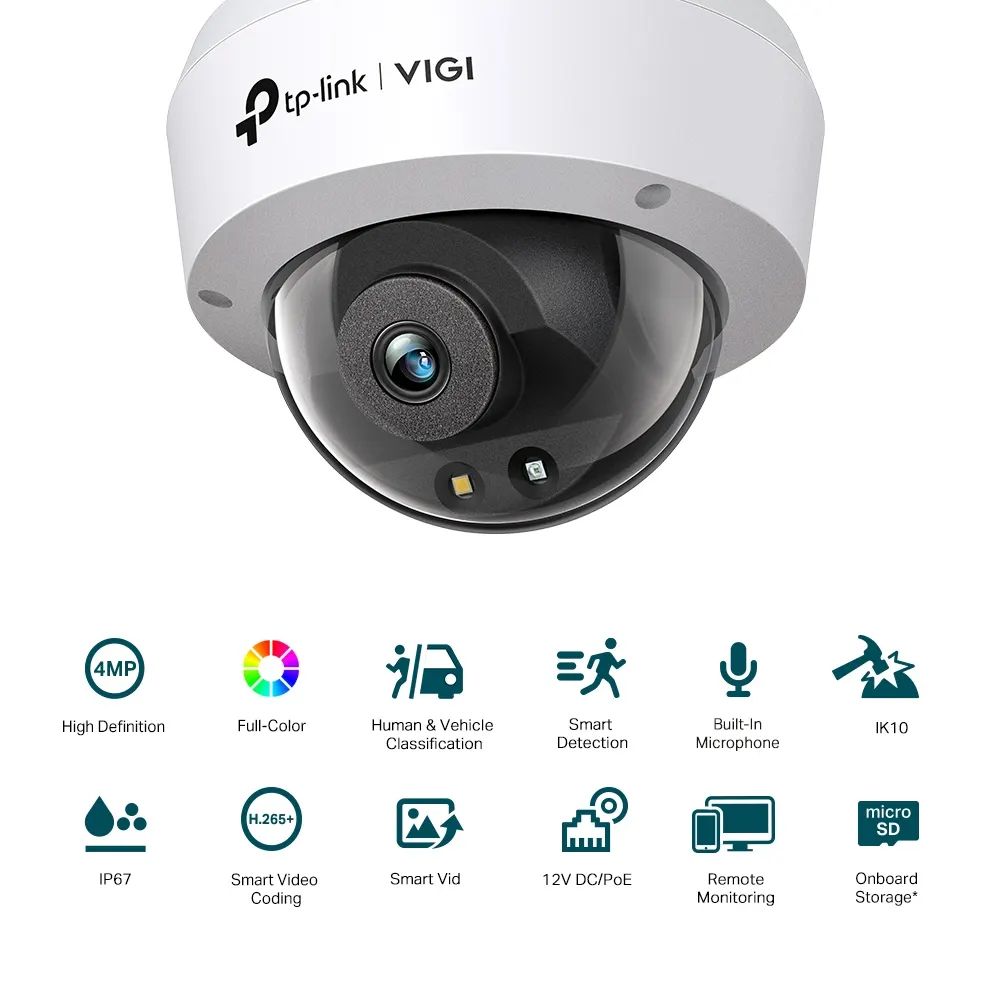 IP კამერა TP-Link VIGI C240 Full-Color Dome Network Camera - 4MP, 2560 × 1440, 2.8mm Lens, 113° Diagonal Viewing Angle, Full-Color Night Vision, IR Cut Filter, RJ-45, IP67 Waterproof, IK10 Vandal-Proof, PoE/12V DC
