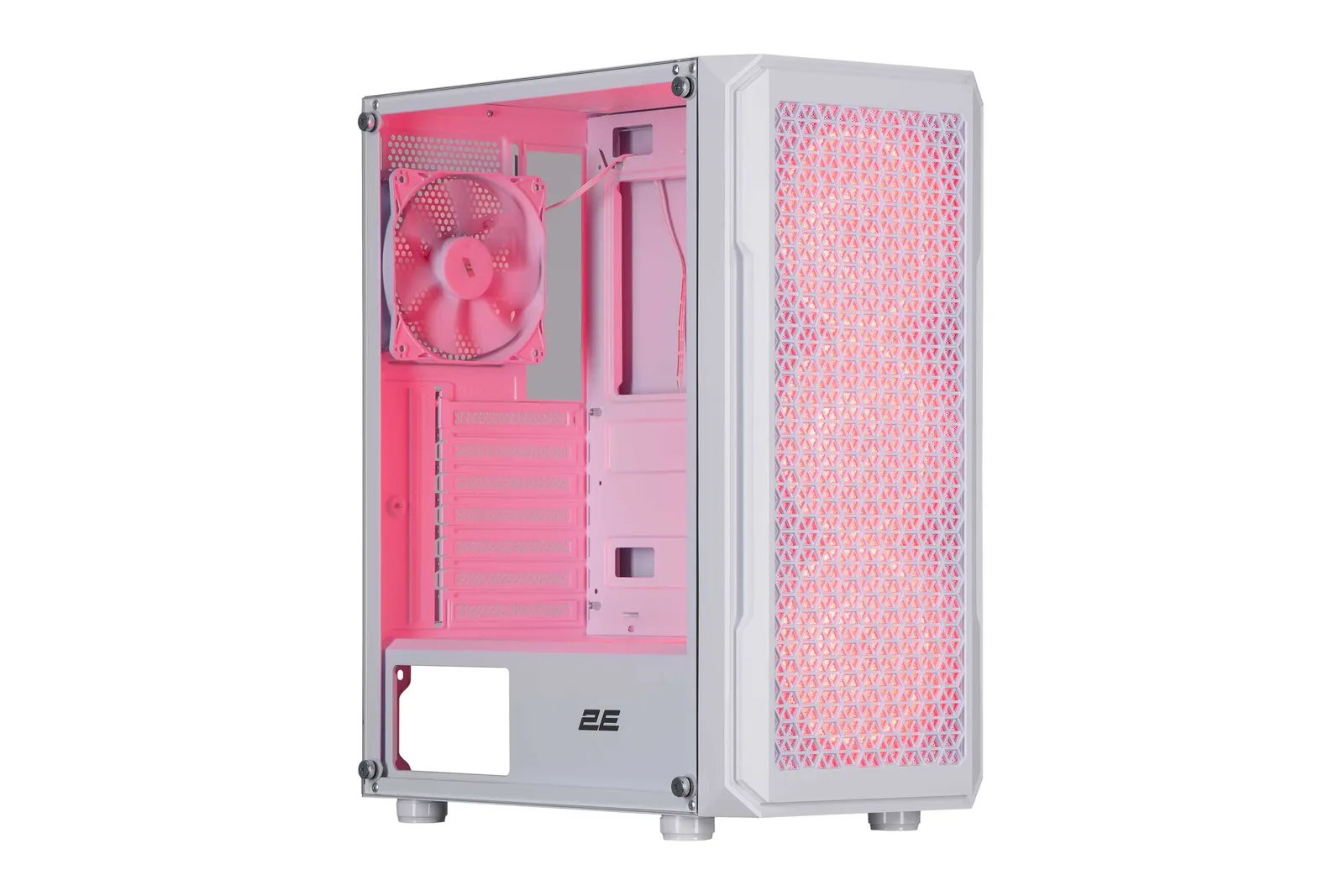 ქეისი 2E Gaming Computer case Hexagon G338W, without PSU, 2xUSB 3.0, 1xUSB Type-C, 1x120mm, 3x120mm ARGB, TG Side Panel, ATX, White