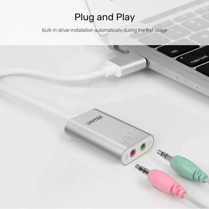 Y-247A, UNITEK, USB Adapter, USB 2.0 External Sound Card Adapter for Stereo Audio, 48KHz 16-bit Silver Color.