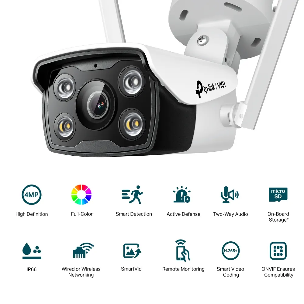 IP კამერა TP-Link VIGI C340-W Full-Color Bullet Network Camera - Outdoor, 4MP, 2560 × 1440, 4mm Lens, 93° Diagonal Viewing Angle, Full-Color Night Vision, IR Cut Filter, Wi-Fi & RJ-45, IP66 Waterproof, 12V DC, Two-Way Audio