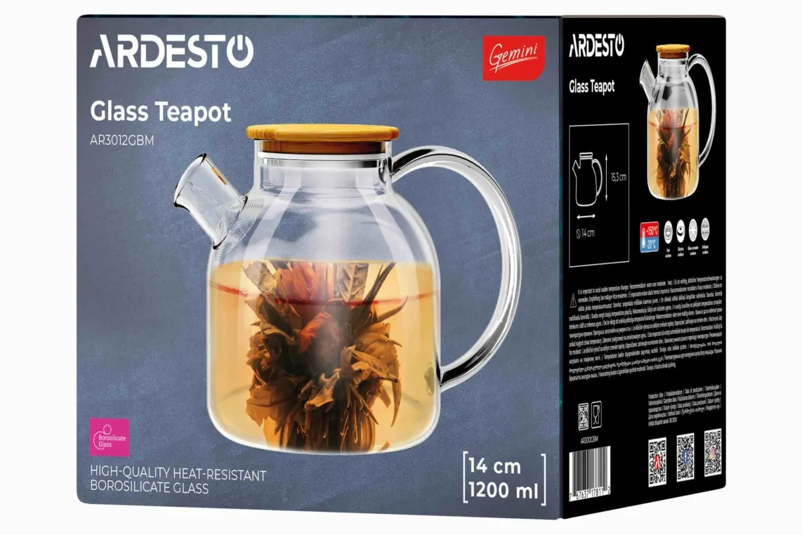 ჩაიდანი Ardesto Teapot Gemini 1200ml, borosilicate glass, bamboo, transparent