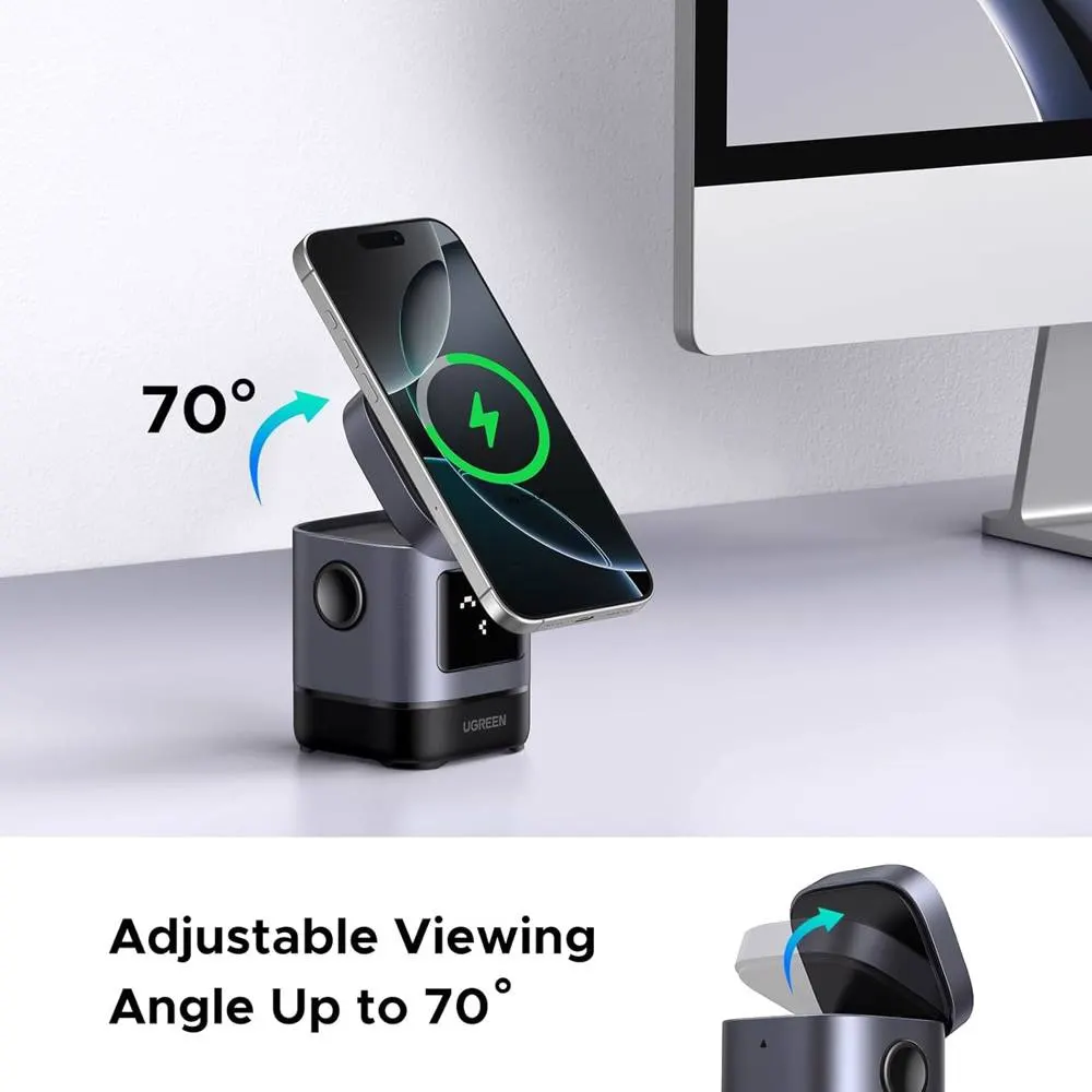 UGREEN Uno W709 (45775) Qi2, 15W, 2-in-1 Magnetic Wireless Charger, Black/Grey