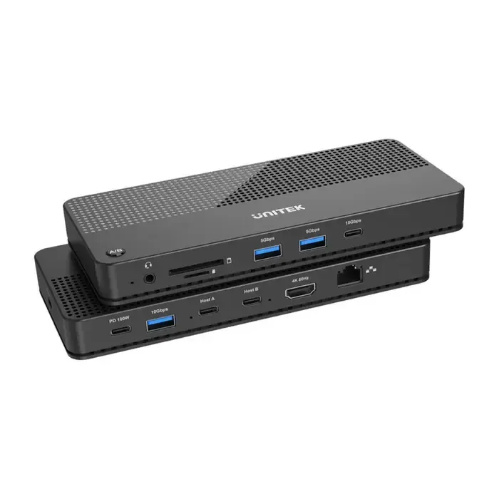 D1077A, UNITEK, Docking Station, Type-C 11-in-2 KVM (USB-C 10Gbps + USB 10Gb + 2*USB + HDMI 4K + 1GB + SD/Micro + Audio + PD 100W + DC), Black