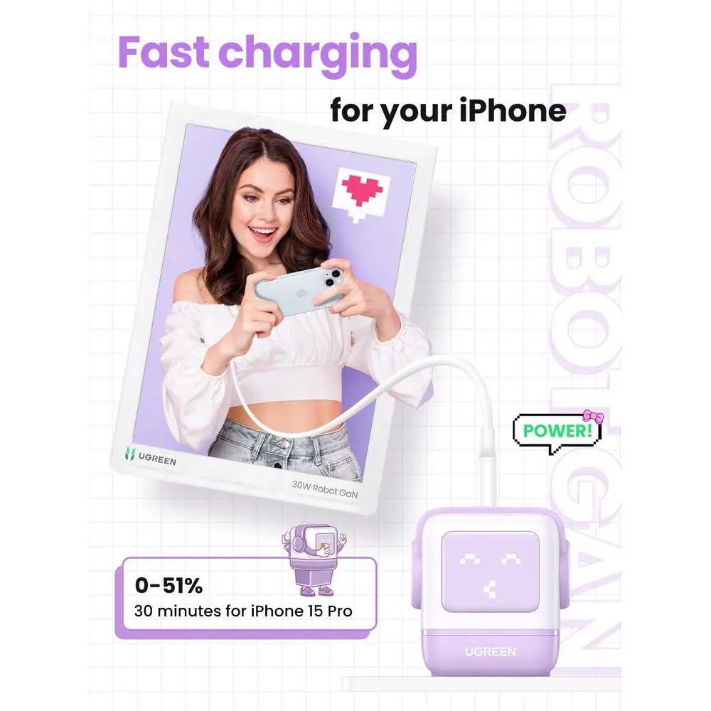 მობილურის დამტენი UGREEN CD361 (35291) Nexode Uno RobotGaN, 65W, USB, USB Type-C, Purple