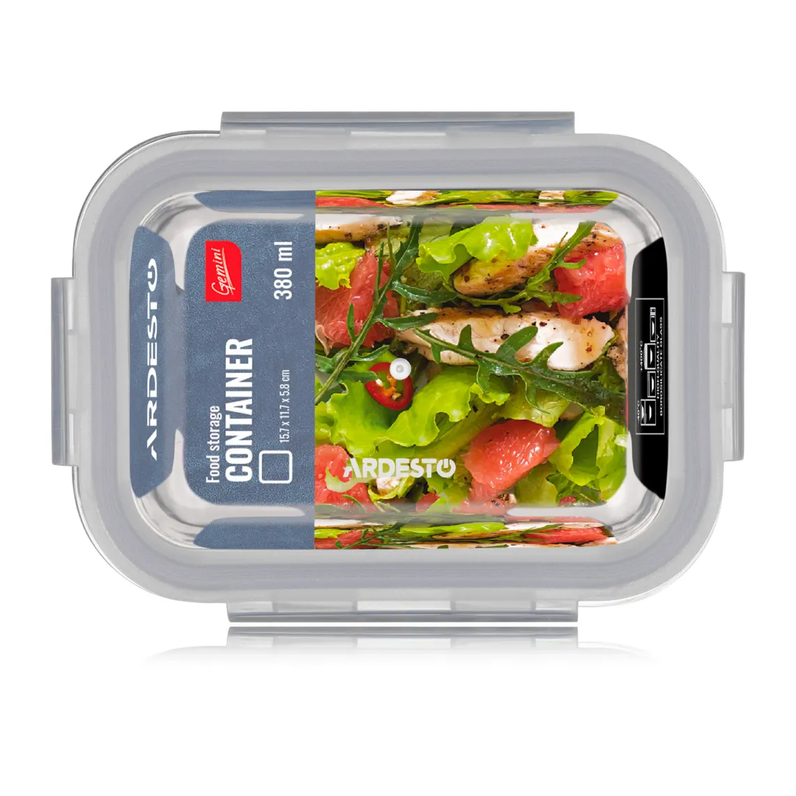 საკვების კონტეინერი Ardesto Food storage container Gemini 0.38l, borosilicate glass, plastic, rectangular, transparent