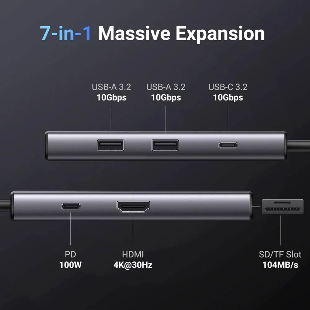 USB-C ჰაბი UGREEN CM498 (15531) Revodok Pro 107, HDMI, USB, SD/TF, Type-C, Hub, Dark Grey
