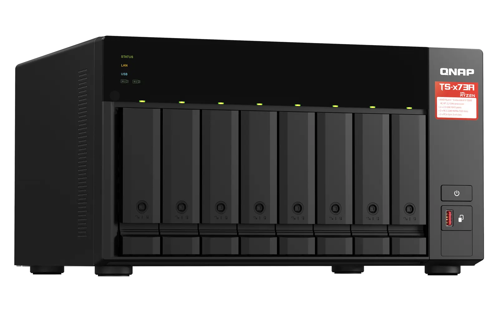 8-bay NAS, AMD Ryzen V1000 series V1500B 4C/8T 2.2GHz, 8GB DDR4 RAM (2 x SODIMM slots, max. 64GB, optional ECC RAM support), 8x SATA 6Gb/s bays, 2x M.