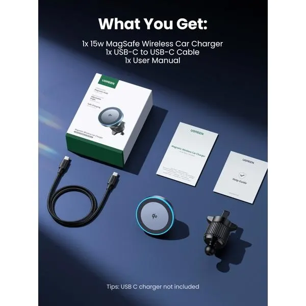 ტელეფონის სამაგრი Qi2, UGREEN, Car Charger, 15W, Wireless Car Mount Charger, Black/Grey.
