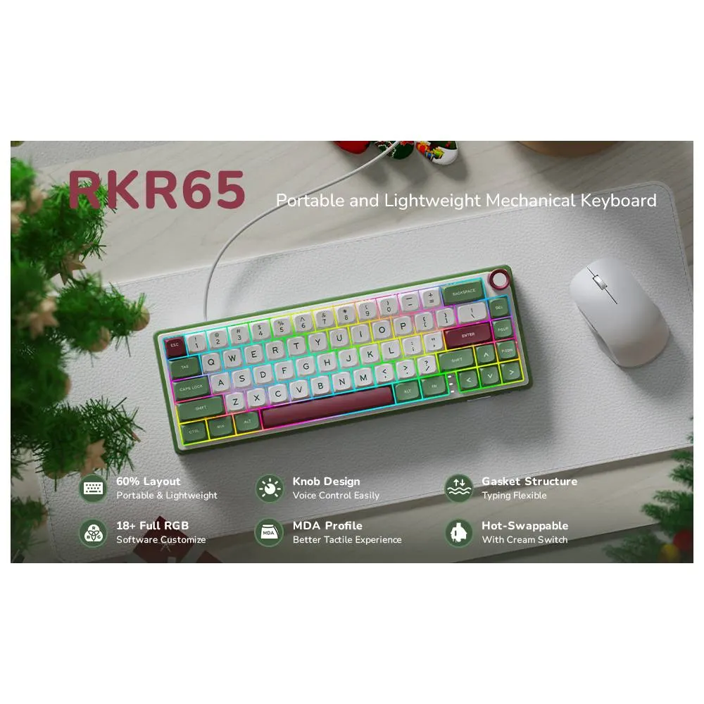 Royal Kludge RK R65 RGB Mechanical Keyboard, Brown switch, Hot Swappable, Type-C wired, Green sand