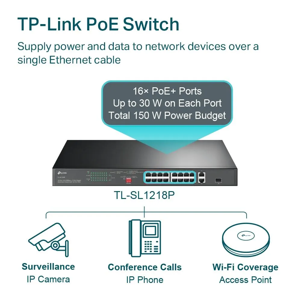 TP-Link, TL-SL1218P, 16-Port 10/100 Mbps + 2-Port Gigabit Rackmount Switch with 16-Port PoE+