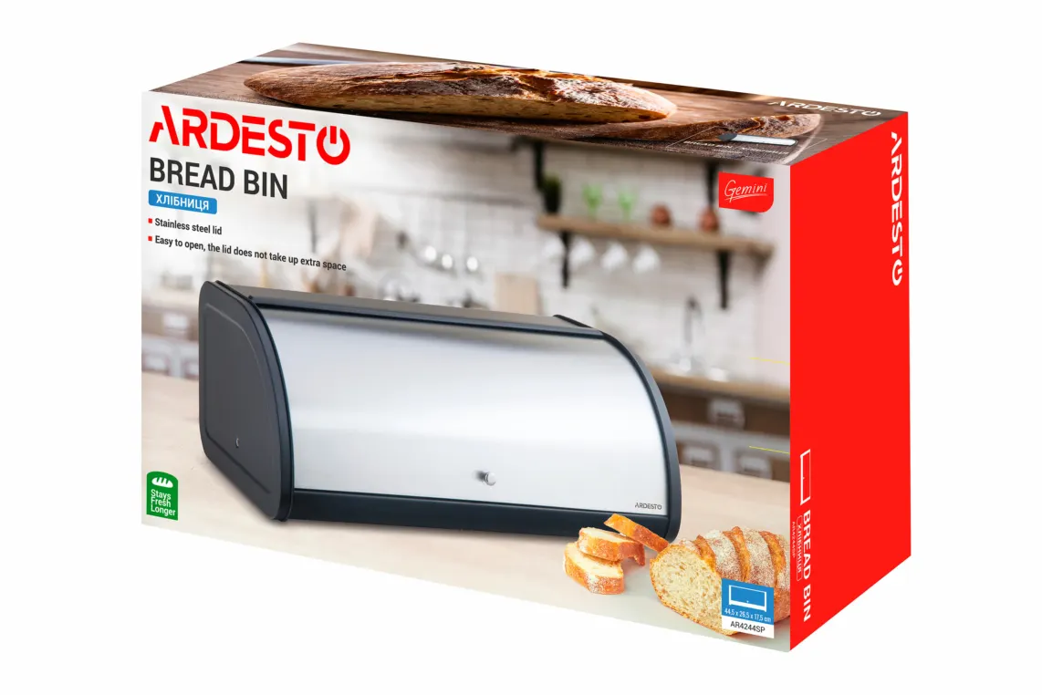 პურის ყუთი Ardesto Bread bin Gemini, 44.5x26.5x17.5cm, metal, stainless steel, black