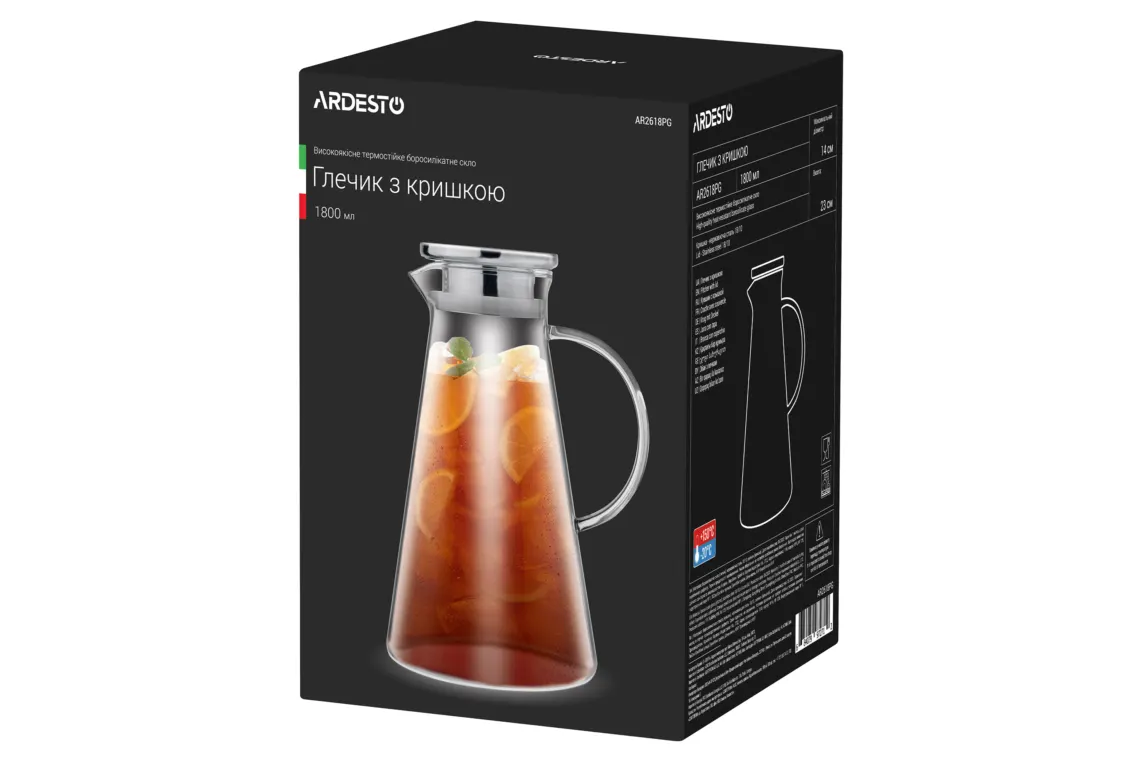 დოქი ARDESTO Pitcher with lid, 1800 ml, borosilicate glass, s/s