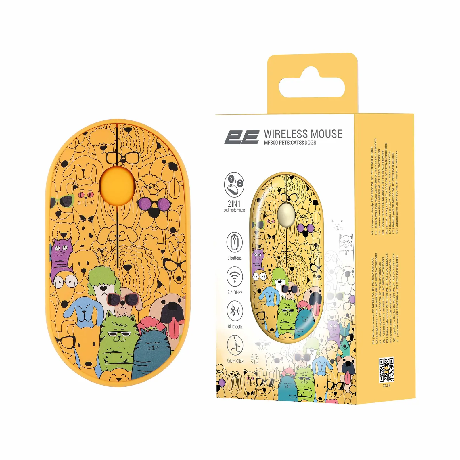მაუსი 2E Mouse MF300 PETS:CATS&DOGS Silent WL BT, Yellow