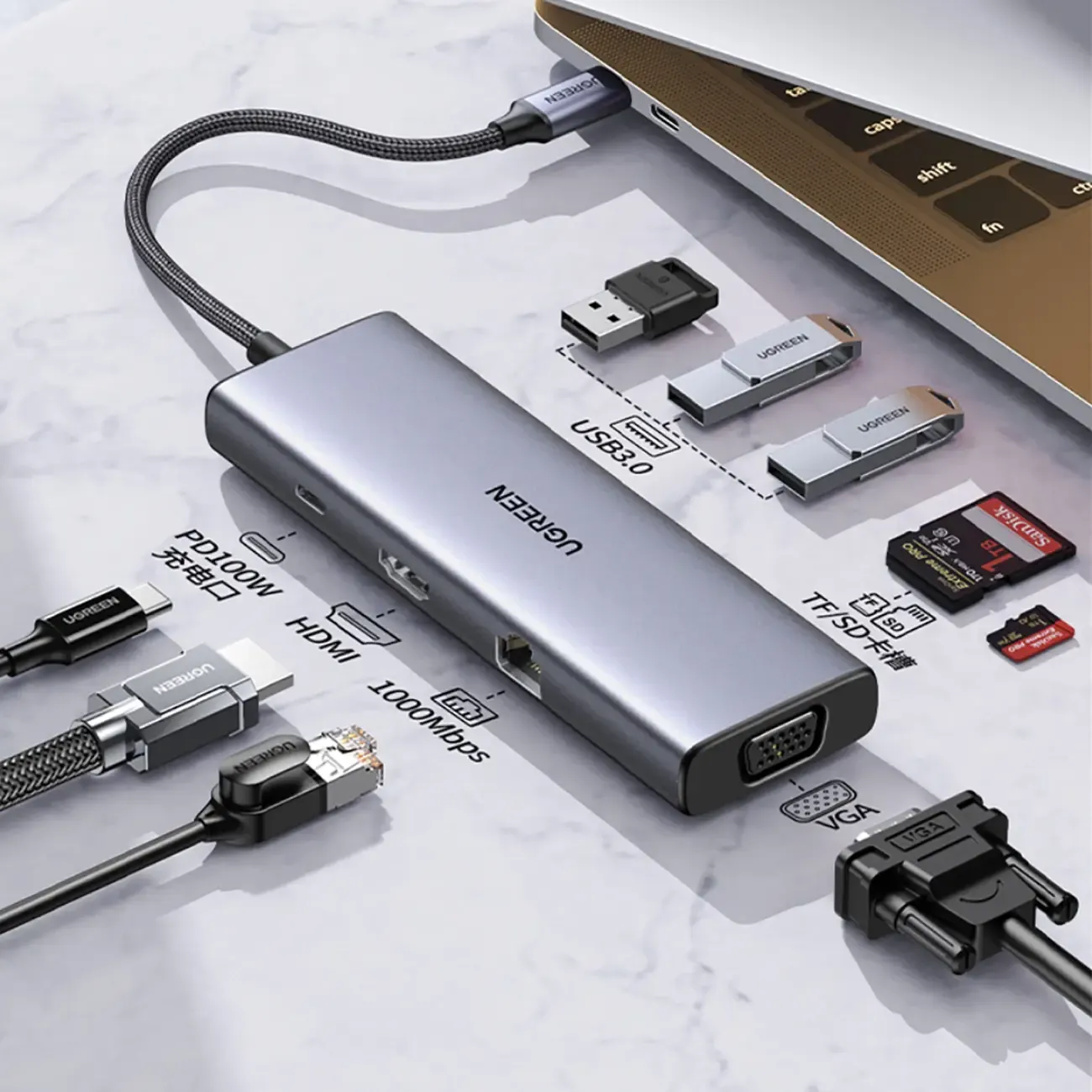 Type-C ჰაბი CM498, UGREEN, USB HUB, USB-C, USB, HDMI, VGA, RJ45, SD, TF, Hub, Gray.