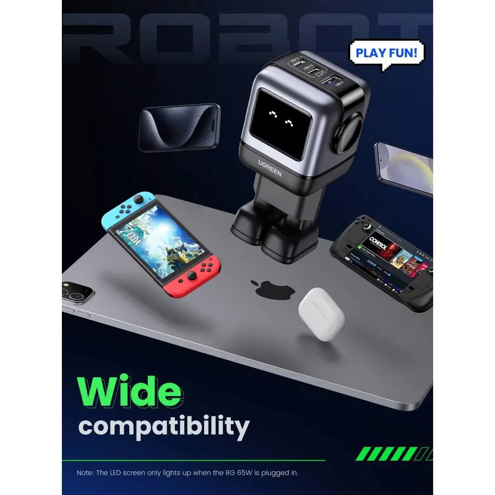 მობილურის დამტენი UGREEN CD361 (25685B) Nexode Uno RobotGaN, 65W, USB, Type-C, Black/Grey