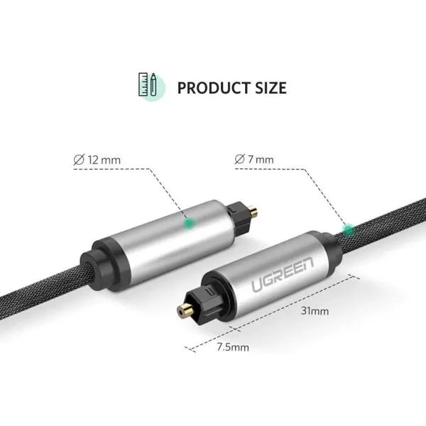 AV108, UGREEN, Cable, Toslink Optical Audio Cable, 2m, Black/Silver.