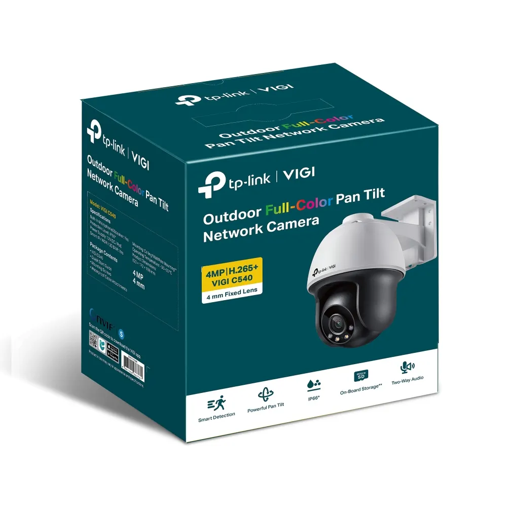 TP-Link VIGI C540 Full-Color Pan Tilt Network Camera - Outdoor, 4MP, 2560 × 1440, 4mm Lens, 93° Diagonal Viewing Angle, Full-Color Night Vision, IR