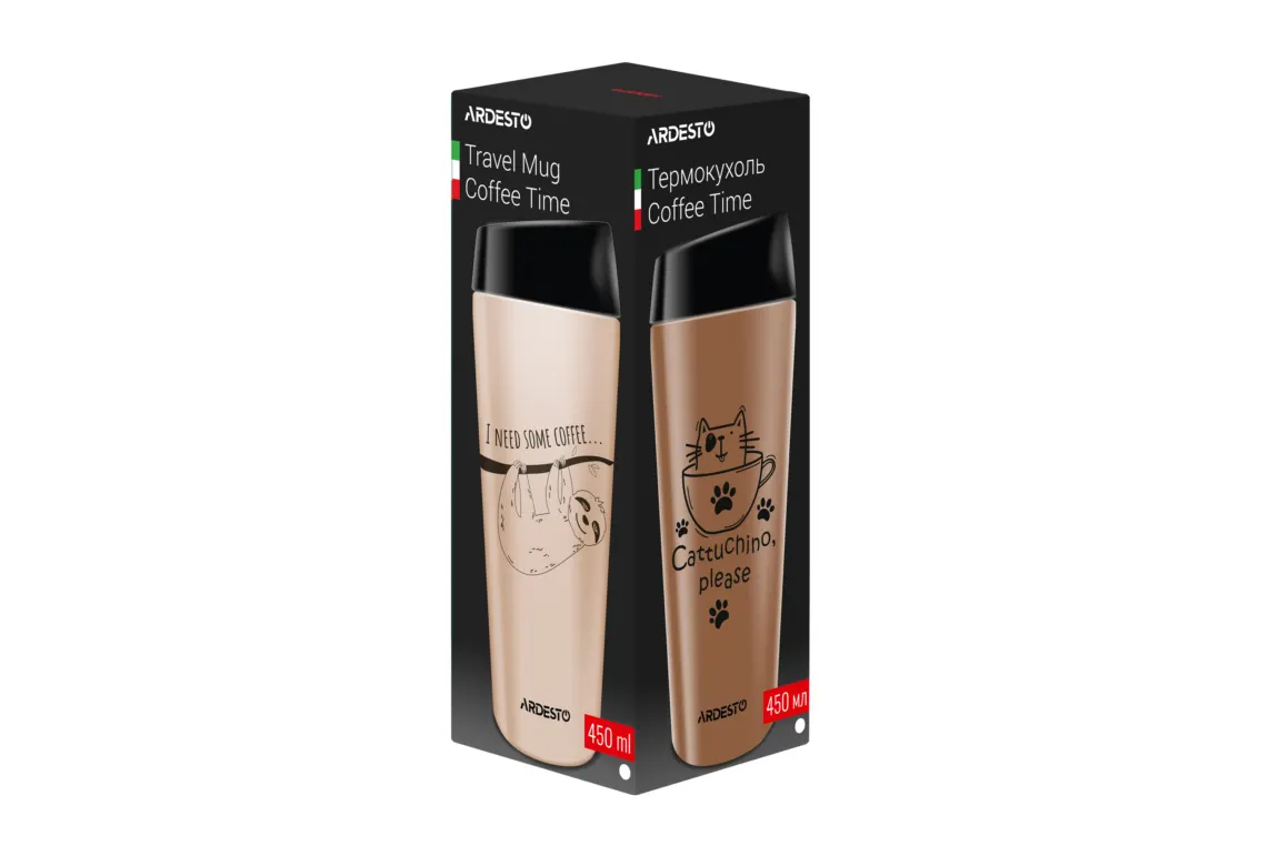 თერმოჭიქა Ardesto Travel mug Coffee time Cat 450 ml, mocha, s/s