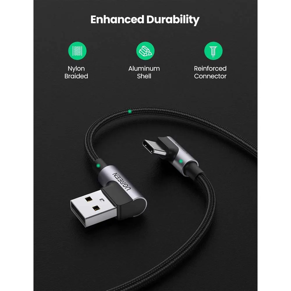 USB კაბელი UGREEN US176 (20855), 18W, USB-A to Type-C 90 Degree, 0.5m, Space Gray