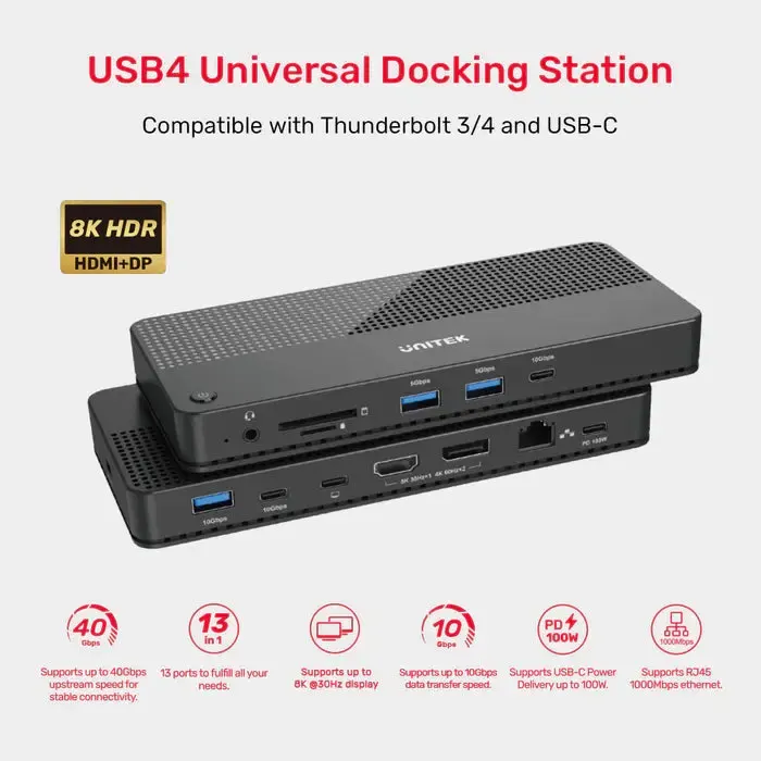 D1079A, UNITEK, Docking Station, 12-in-1 USB 4 (2*Type C 10Gb+USB 10Gb+2*USB+SD/Micro+DP+HDMI 8K+Audio+1Gb Lan+PD 100W), Bla