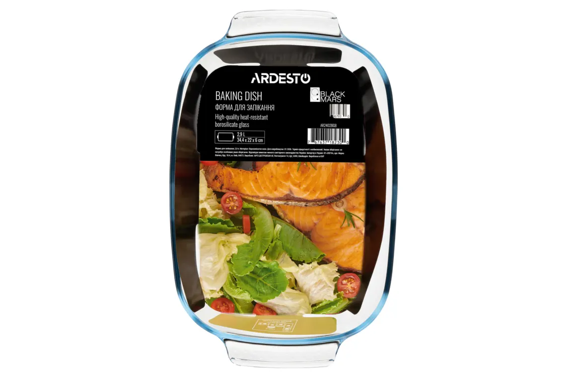 საცხობი ფორმა Baking pan ARDESTO Black Mars 34.4x22x6cm, borosilicate glass, rectangular, transparent