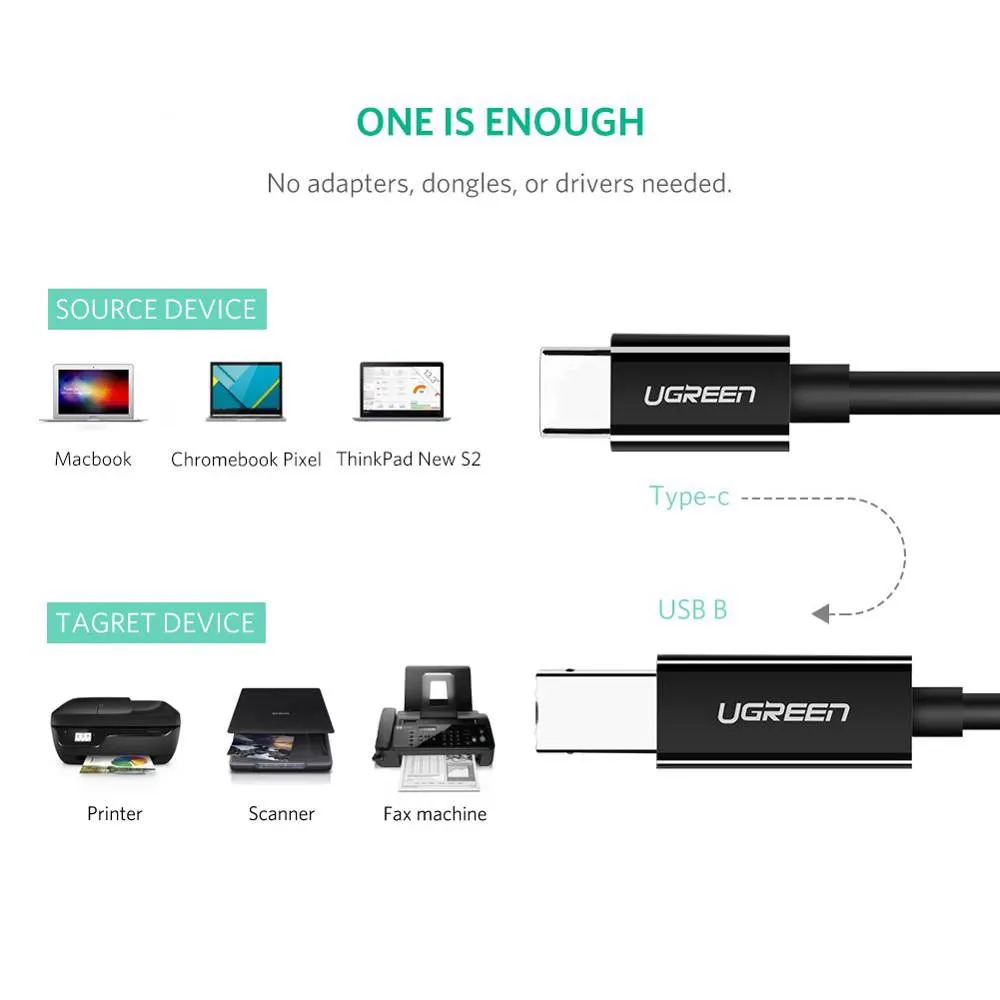 პრინტერის კაბელი UGREEN US241 (50446), Type-C To USB-B, 2m, Black