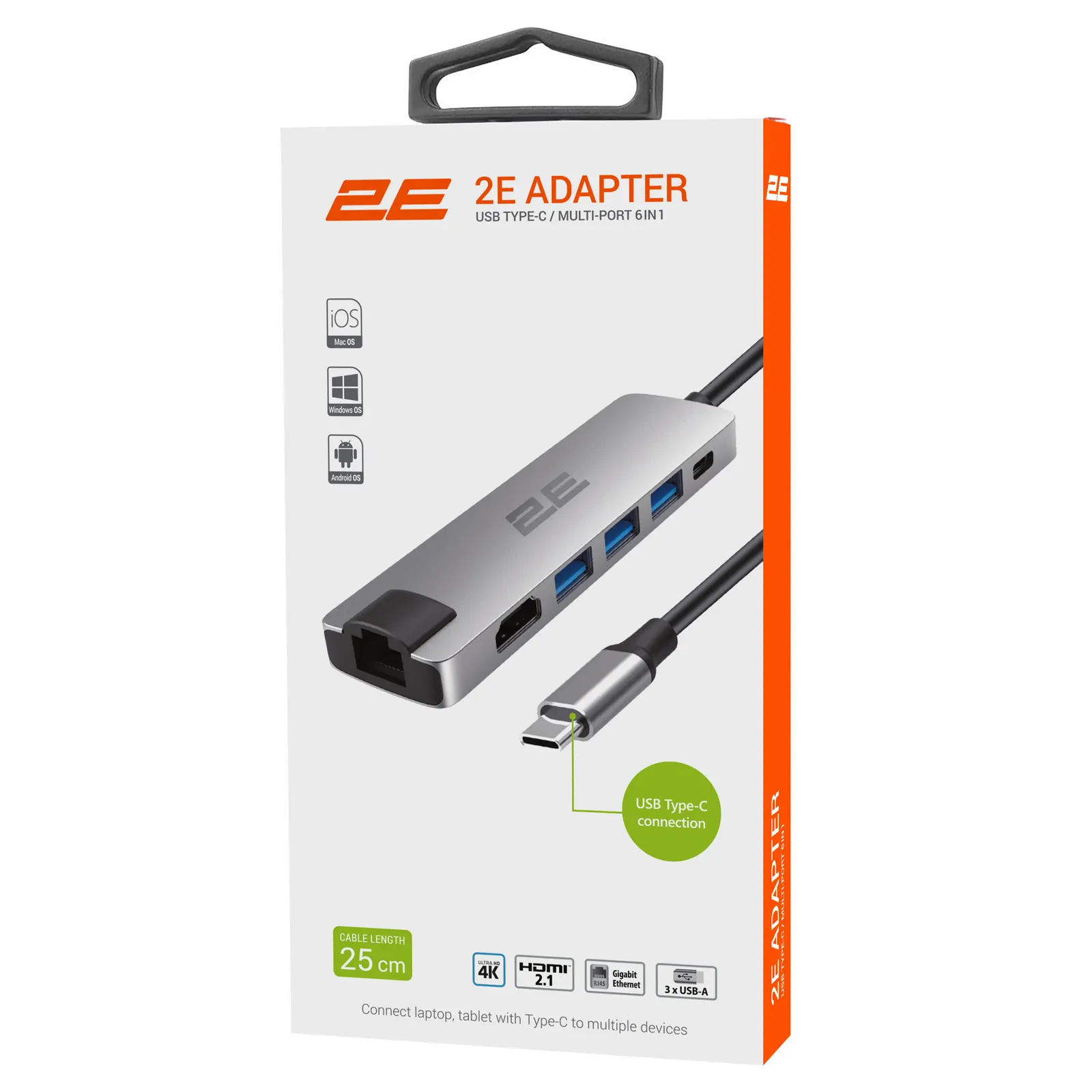 Type-C ჰაბი 2E Hub USB-C > 2xUSB-A 2.0/USB-A 3.0/USB-C PD/HDMI/Ethernet, 0.15m, silver
