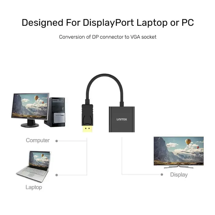 DisplayPort ადაპტერი Y-5118E, UNITEK, 0.2m Display Port Male to VGA Female Adapter