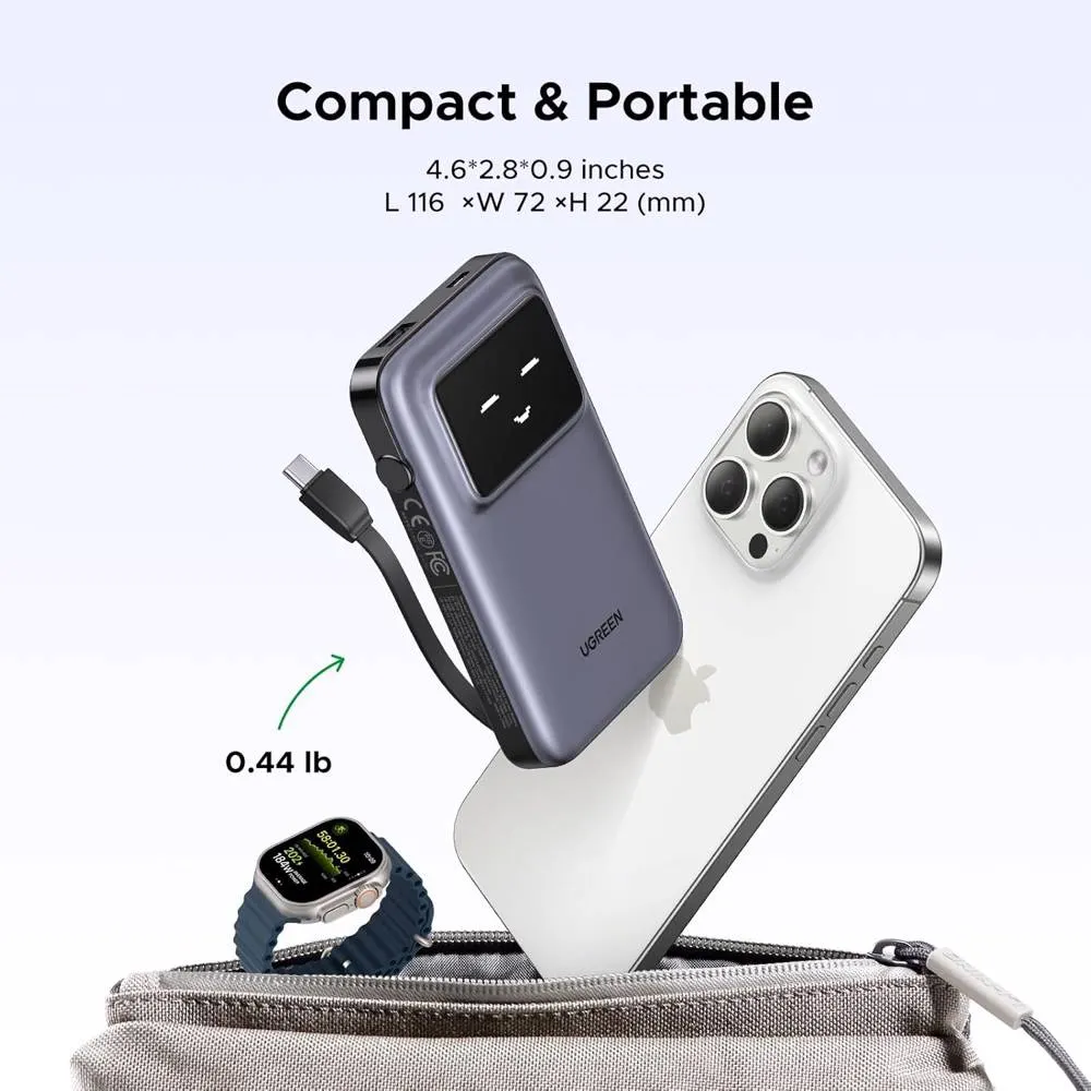 UGREEN PB511 (35603B) Uno, 10000mAh 30W, USB, Type-C, Power Bank With Built In Cable, Grey