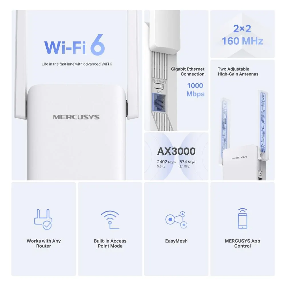 Wi-Fi გამაძლიერებელი ME80X, MERCUSYS, ME80X, AX3000 Wi-Fi 6 Range Extender