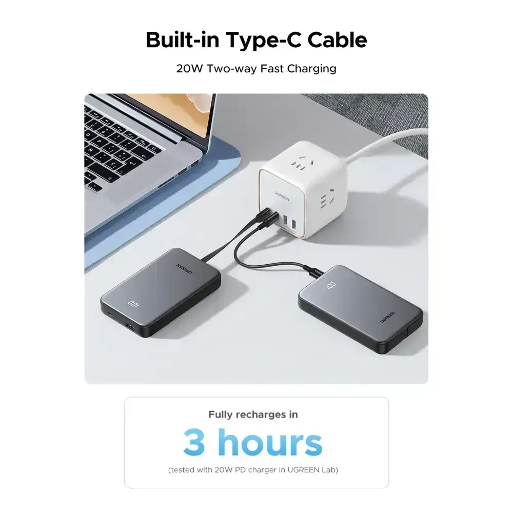 პორტატული დამტენი UGREEN PB526 (75161B) 10000mAh 20W Power Bank with Built-in Cable