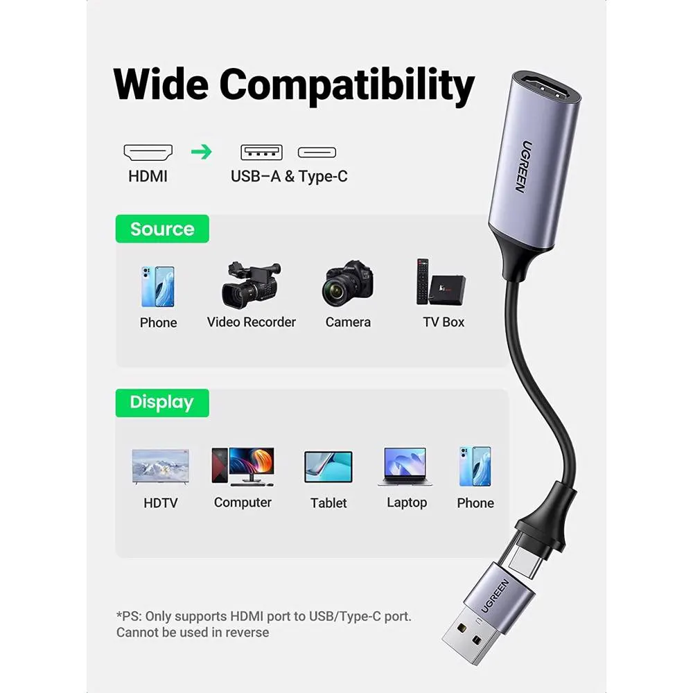 Video Capture Card UGREEN CM489 (40189), 4K HDMI to USB/Type-c, HDMI Video Grabber Box for Live Stream, Silver