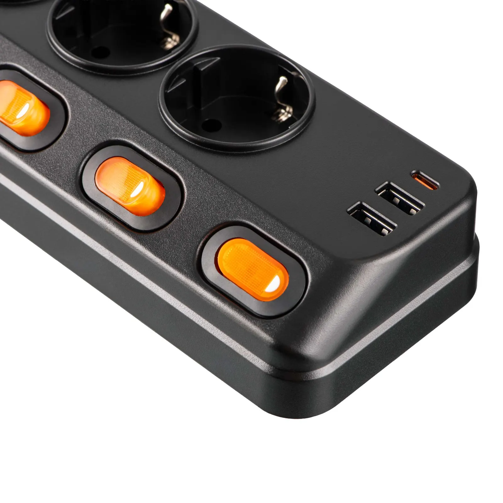 დამაგრძელებელი 2E Power strip with surge protection, 3m, 6xTypeF, 16A, 2xUSB-A, 1xUSB-C, black