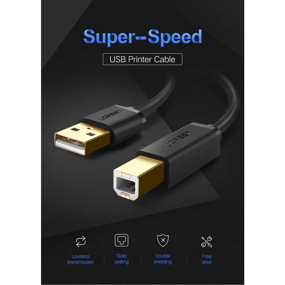 პრინტერის კაბელი UGREEN US135 (20847), Printer Cable, USB-A To USB-B, 2m, Black