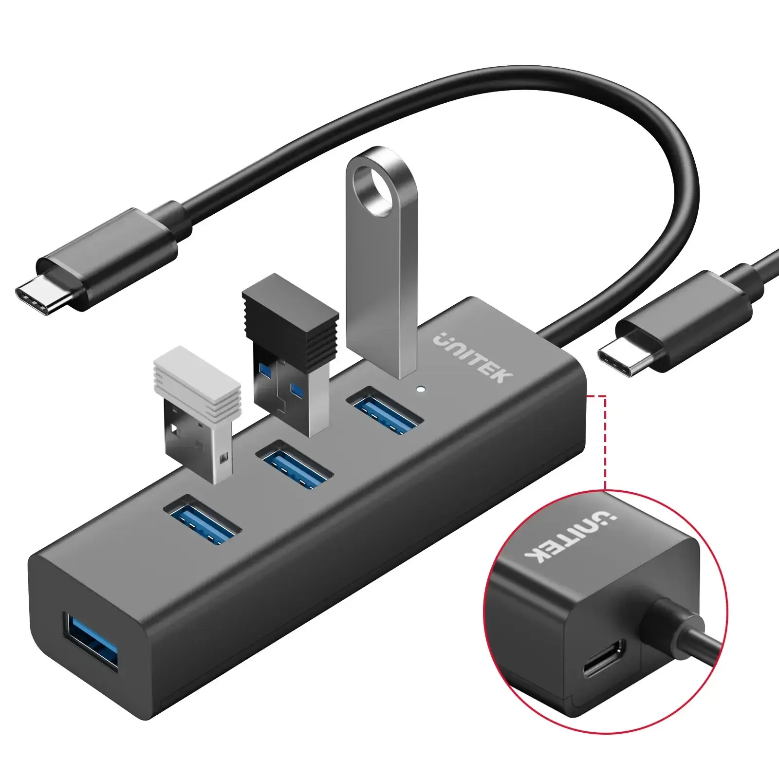 Type-C ჰაბი Y-3089Z01, UNITEK 4-in-1 USB-C 5Gbps Hub (4*USB-A) Black