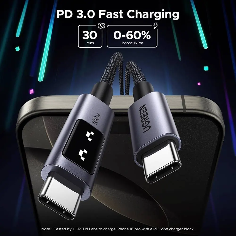USB კაბელი UGREEN Uno L509 (35512), 100W, Type-C to Type-C, 2M, Black/Grey