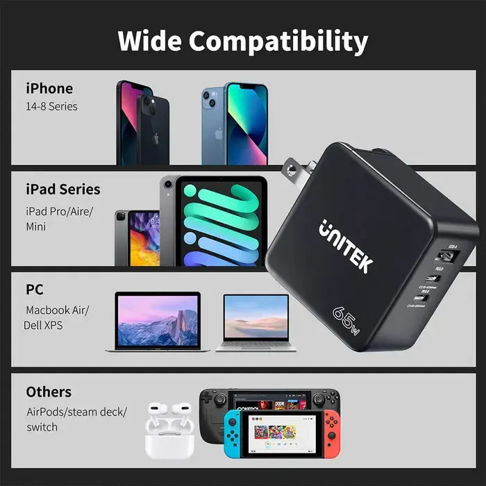 P1117B, UNITEK, Power Supply, 65W, 2xType-C 65w, USB QC 3.0 30W.