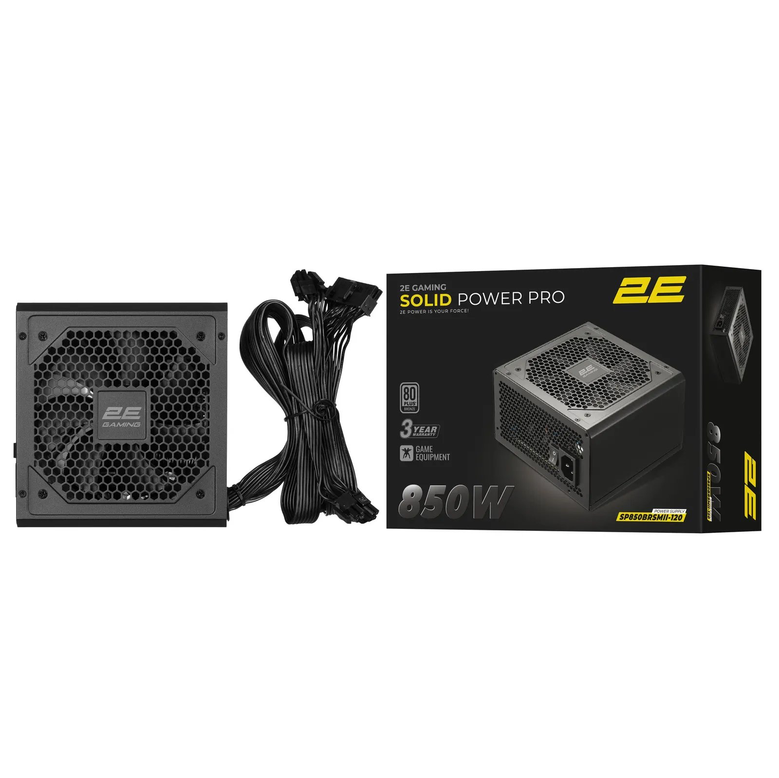 2E GAMING PSU Solid Power Pro (850W), >85%, 80+ Bronze, 120mm, 1xMB 24pin(20+4), 2xCPU 8pin(4+4), 3xMolex, 6xSATA, 4xPCIe 8pin(6+2), 1x12VHPWR, Semi