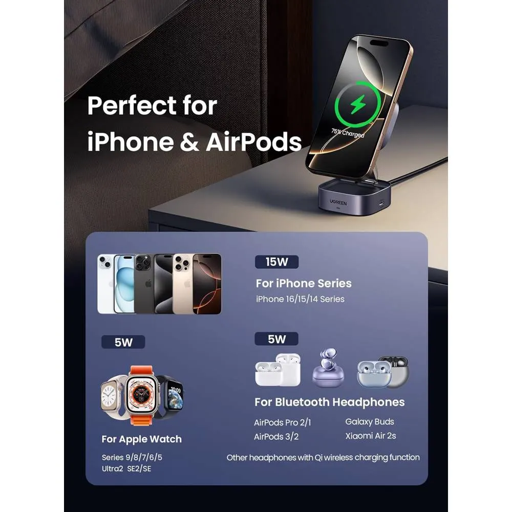 უსადენო დამტენი UGREEN W702 (35316) MagFlow Qi2, 25W, Magnetic Foldable Charging Station, Dark Gray