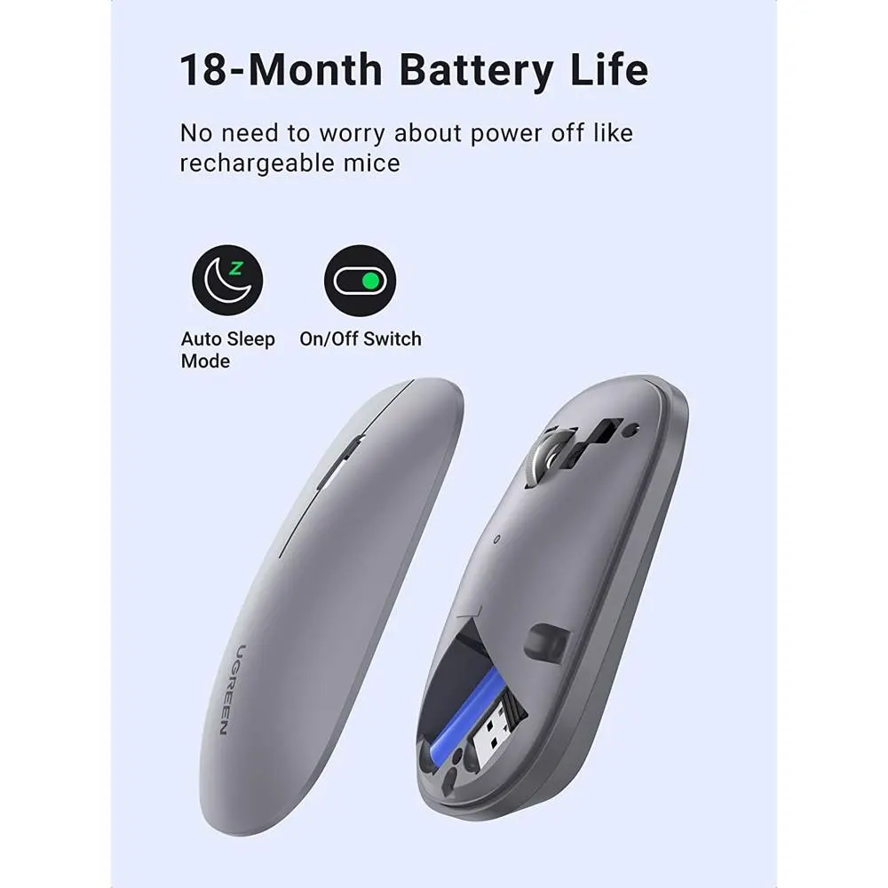 მაუსი UGREEN MU001 (90373) Wireless 2.4G Slim Silent Mouse, 4000DP, Gray