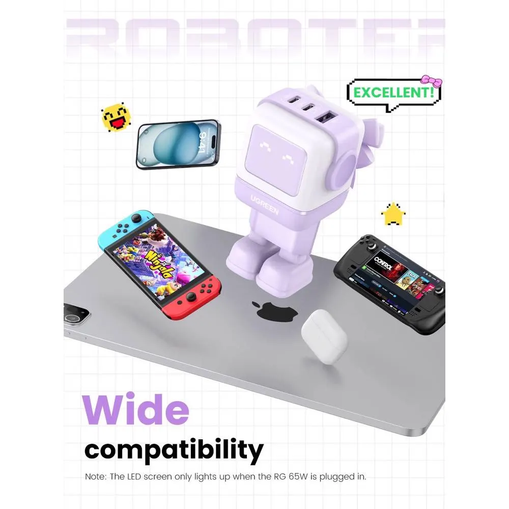მობილურის დამტენი UGREEN CD361 (35291) Nexode Uno RobotGaN, 65W, USB, USB Type-C, Purple
