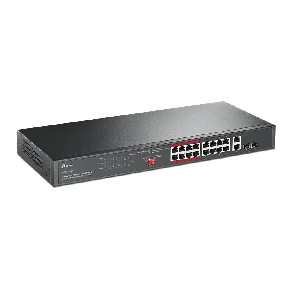PoE სვიჩი TP-Link, TL-SL1218MP, 16-Port 10/100Mbps+2-Port Gigabit Rackmount Switch with 16-Port PoE+