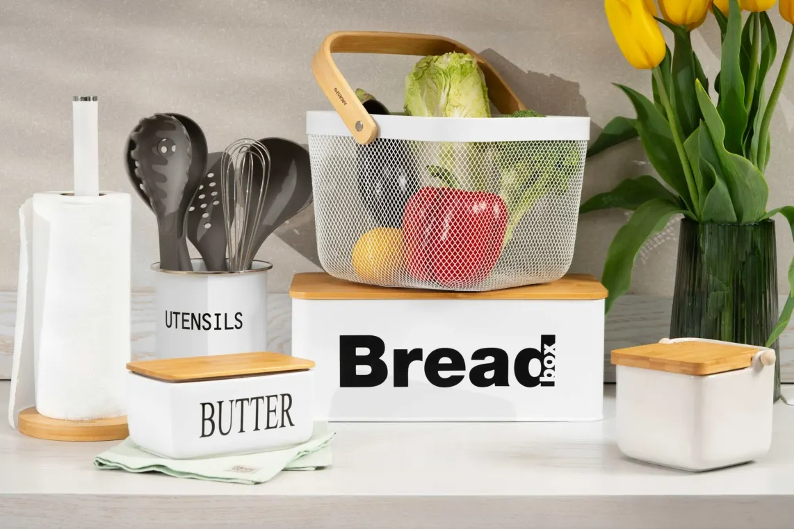 პურის ყუთი Ardesto Bread bin Midori 33x18x13cm, metal, bamboo, white