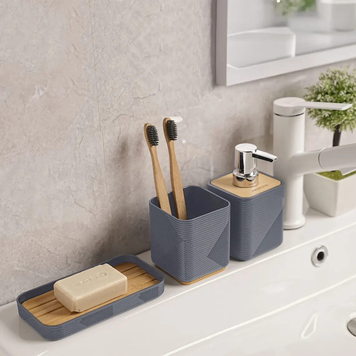Bathroom set Ardesto Minimalism, 420ml, 3items, polypropylene, bamboo, dark grey