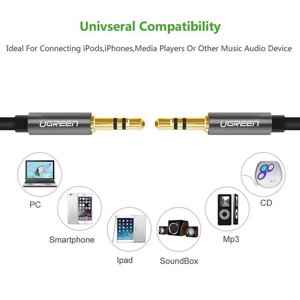 აუდიო კაბელი UGREEN AV119 (10734), 3.5mm Male to 3.5mm Male Audio Cable, 1.5m, Silver/Black